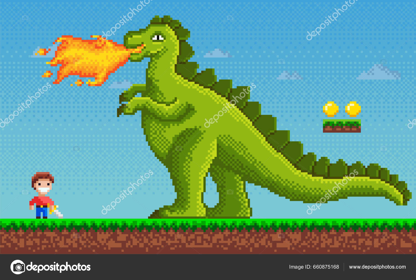 Pixel Game Dinossauro Monstro Respira Fogo Sobre Personagem Humano